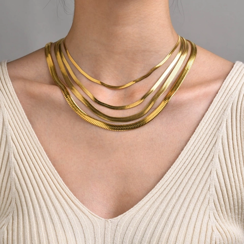 Flat Snake Bone Necklace Stainless Steel Gold Plated Polished Herringbone Chain Minimalist Trendy Women Jewelry
