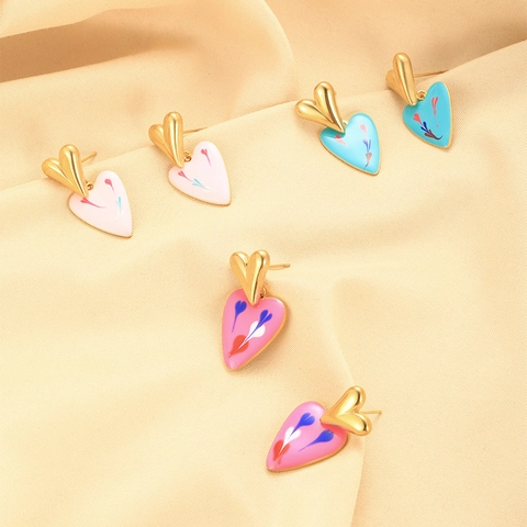 Pendientes De Gota Corazón Acero Inoxidable Chapado En Oro 18K Esmalte Patrón De Corazón Colorido Joyas Para Mujeres