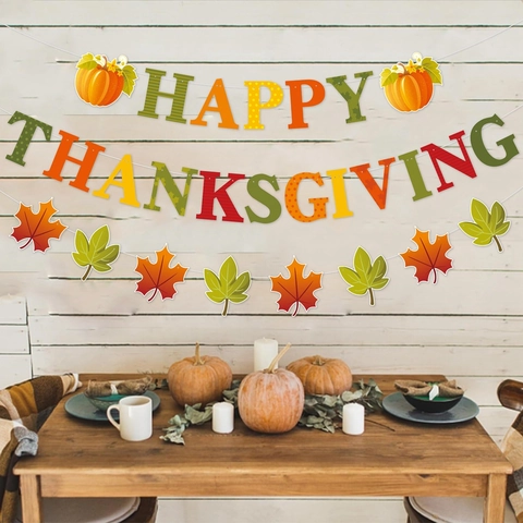 Striscione Happy Thanksgiving Raccolto Autunnale Zucca Foglia Acero Ghirlanda Carta Decorazione Appesa