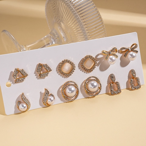 Orecchini A Lobo In Lega Strass Imitazione Perla Artificial Occhio Di Gatto Geometrico Fiocco Gioielli Con Silver Earring Post