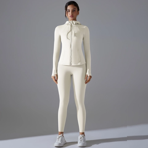Women Yoga Outfit Hooded Zipper Jacket Thumbholes High Waist Leggings Solid Color Fitness Running Activewear