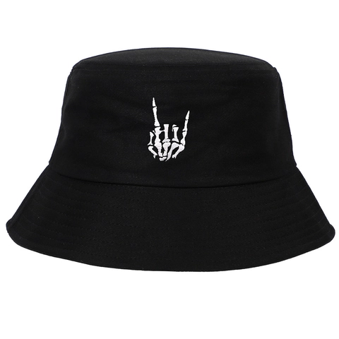 Bucket Hat Baumwolle Outdoor Sonnenschutz Skelett Hand Geste Stickerei Streetwear Harajuku Stil Unisex Accessoire