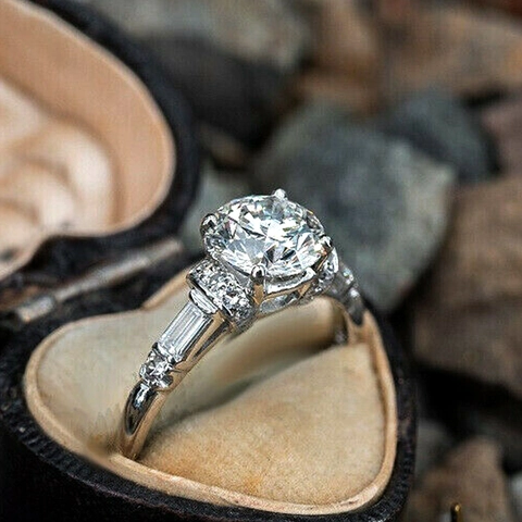Classic Round Cut Zircon Engagement Ring With Baguette Side Stones Copper Four-Prong Wedding Ring For Women Vintage Elegant