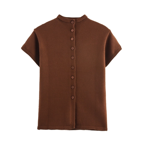 Short Sleeve Knit Cardigan Top Round Neck Button Down Solid Color Polyester Acrylic Elegant Casual For Women