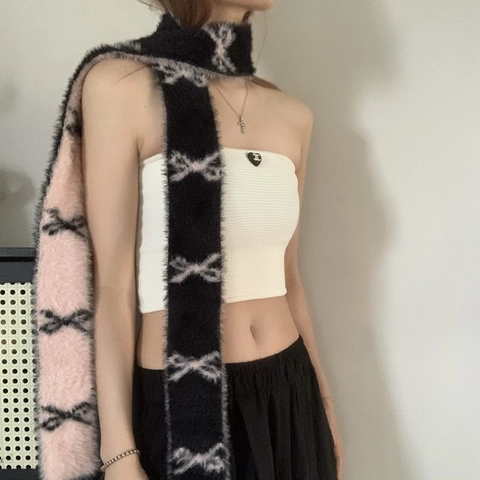 Sciarpa Sottile Con Motivo A Fiocco In Stile Coreano In Peluche Di Poliestere Lavorato A Maglia Lungo Inverno Caldo Donna