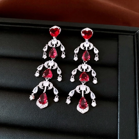 Orecchini Cuore Zircone Rosso In Rame Con Perno Argento 925 Stile Palazzo Vintage Gioielli Per Donne