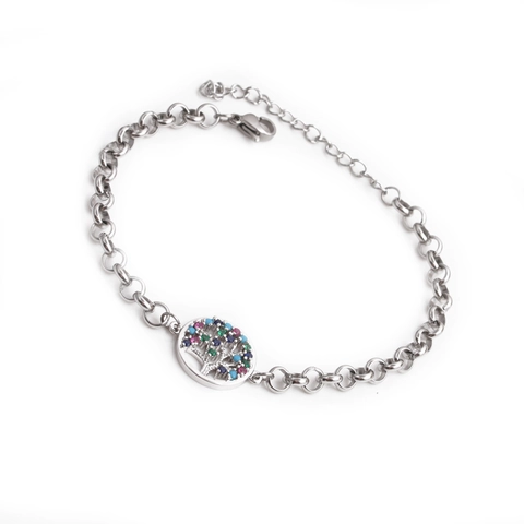Pulsera Árbol De La Vida Acero Inoxidable Circonita Colorida Colgante Cobre Cadena Ajustable Joyería Para Mujer Moda
