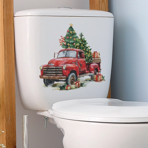 Adesivo Per Toilette Di Natale Camion Rosso Albero Di Natale PVC Autoadesivo Decorazione Parete Bagno Festivo