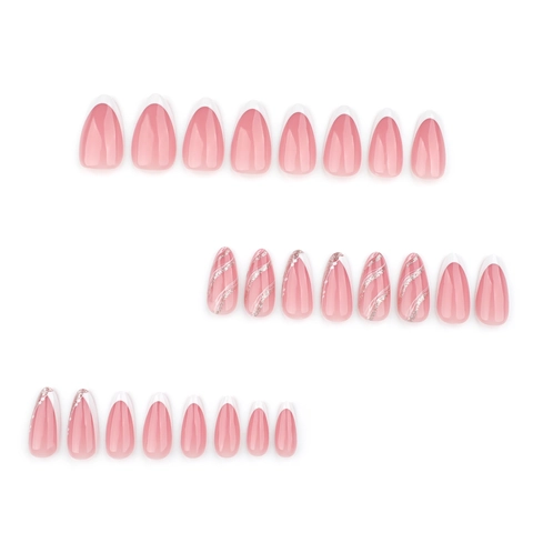Uñas Postizas Almendradas French Tip Blanco Nude Rosa Purpurina Plateada Líneas Onduladas Elegantes Para Mujeres Manicura DIY