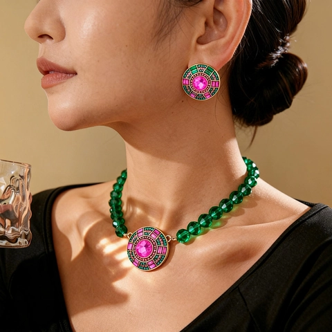 Vintage Geometric Round Pendant Necklace And Rhinestone Earrings With Silver Earring Post And Crystal Beads For Women Retro