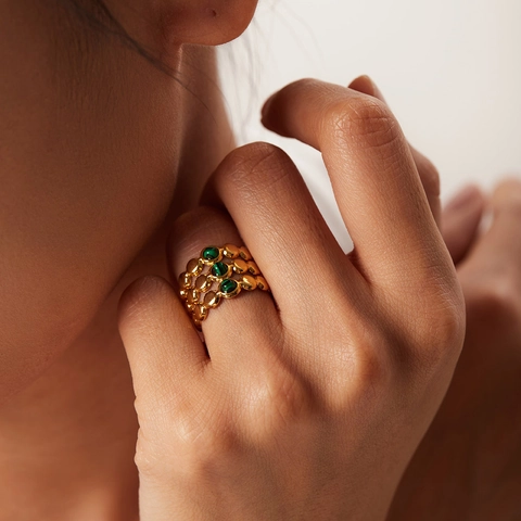 Anello Aperto A Tripla Fila Con Malachite Verde Acciaio Inossidabile Placcato Oro 18K Gioielli Geometrici Regolabili Da Donna