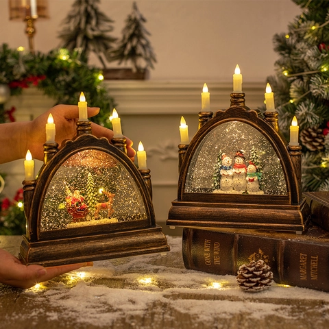 Kerst Led Kaars Brug Lamp Glimmer Waterbol Desktop Ornament Vintage Brons Kerstman Sneeuwpop Decoratie
