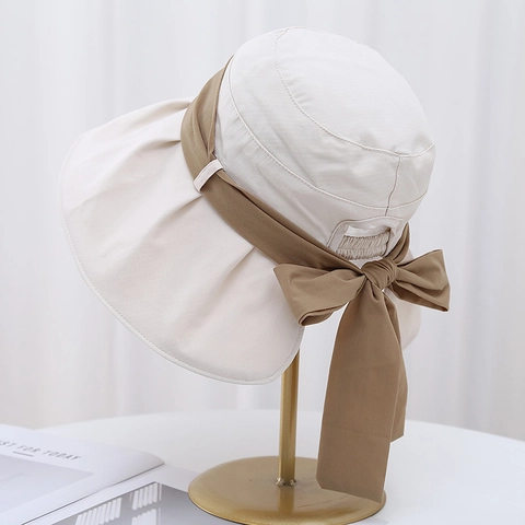 Dames Zonnehoed Met Brede Rand UV Bescherming Ademend Polyester Katoen Zomer Strand Elegant Grote Strik Opvouwbaar