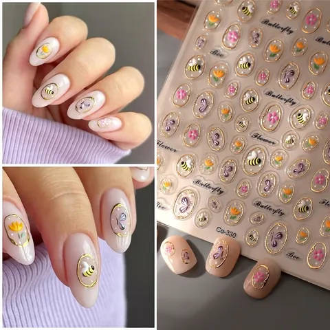 5D Relief Nagelsticker Blumen Schmetterling Biene Muster Vergoldet Wasserdicht Französischer Vintage DIY Maniküre Aufkleber