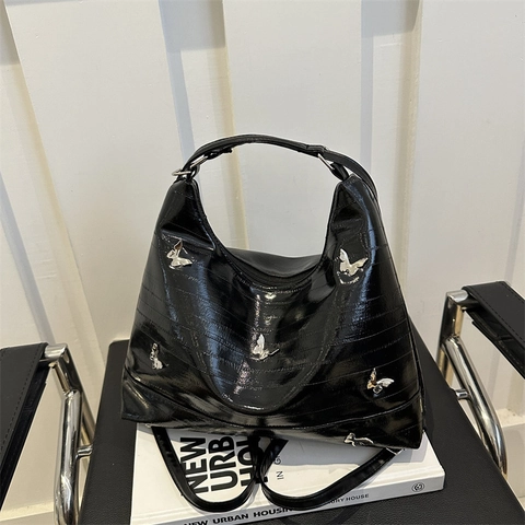 Borsa Tote Con Decorazione A Farfalla Donna Pelle PU Trama Anguilla Metallica Grande Capacità Borsa A Spalla Hobo
