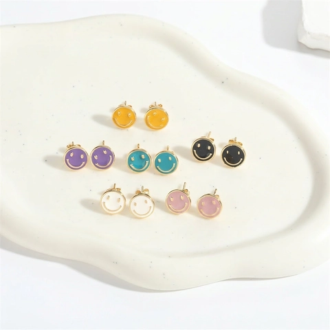 Cute Smiley Face Round Stud Earrings Copper Enamel Colorful Drip Oil Ear Jewelry Minimalist Dopamine Style For Women Girls