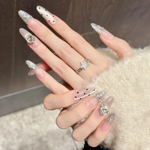 Handmade Press On Nails Nude Pink Almond Shape With Rhinestone 3D Bow Black Polka Dot Silver Glitter French Luxury Style