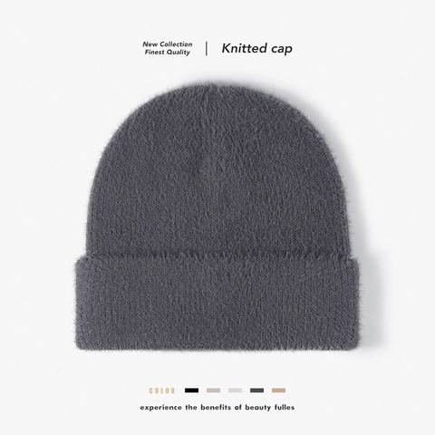Gorro Beanie De Invierno Pelo De Conejo Artificial Punto Grueso Cálido Con Dobladillo Peluche Suave Color Sólido Unisex