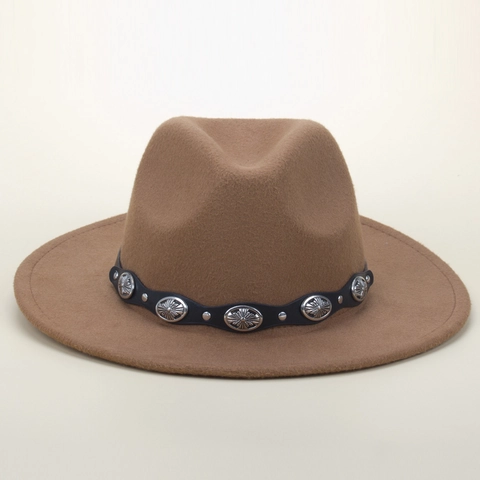 Cappello Fedora Vintage In Feltro Di Lana Con Cintura Nera Fibbie In Metallo Argentato Punk Borchie Cowboy Jazz