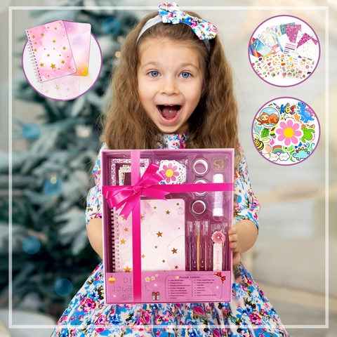 DIY Journal Stationery Kit For Girls Pink Starry Sky Scrapbooking Supplies With Stickers Washi Tape Pens Glue Stick Clips