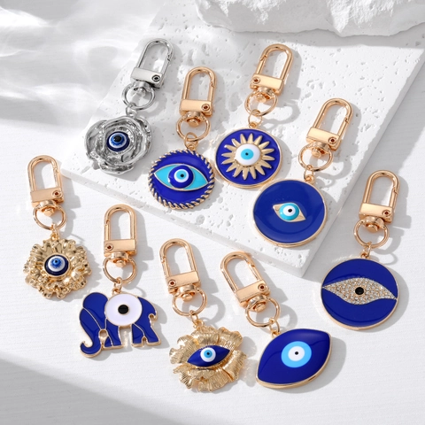 Evil Eye Keychain Alloy Enamel Rhinestone Devil Eye Pendant Elephant Flower Sun Bag Charm Boho Retro Accessory