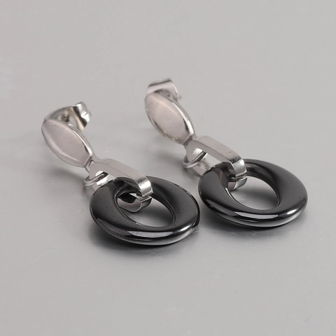 Boucles d'Oreilles Pendantes Minimalistes en Céramique et Acier Inoxydable Rondes Creuses pour Femmes Bijoux de Style OL Géométriques Blanc Noir