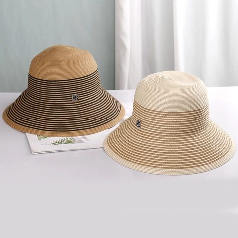 Women Straw Bucket Hat Hand Woven Paper Wide Brim Foldable Contrast Stripe French Retro Summer Beach Sun Protection