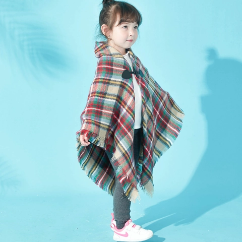 Children's Plaid Poncho Shawl With Toggle Button Tassel Fringe Kids Winter Warm Acrylic Cashmere-Like Cape Outwear For Girls