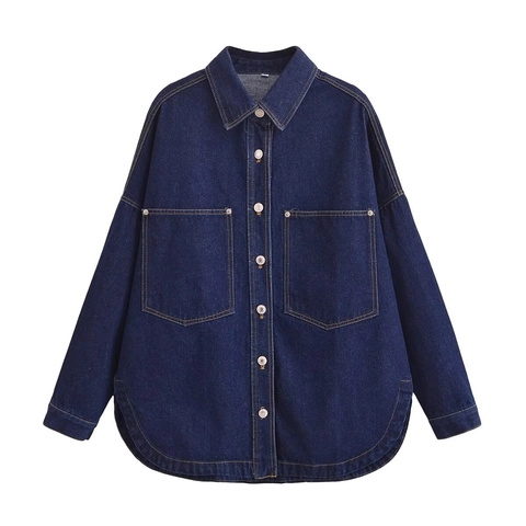 Women Denim Jacket Long Sleeve Button Down Shirt With Double Pockets Casual Vintage Loose Fit Outerwear