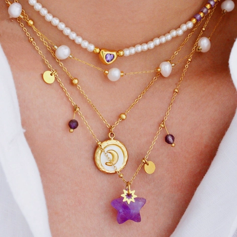 Women's Elegant Stainless Steel 14K Gold Plated Natural Stone Star Moon Pendant Necklace With Artificial Pearl Jewelry