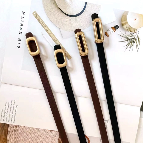 Women Thin Faux Leather Belt Retro Simple Adjustable Waist Strap With Gold Square Oval Metal Buckle For Jeans Dresses