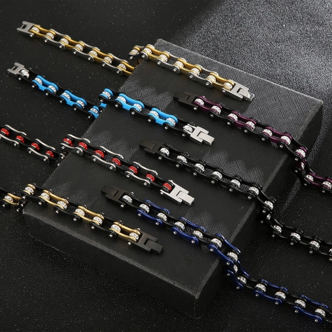 Motorcycle Chain Bracelet Stainless Steel Rhinestone Inlaid Hip Hop Punk Mechanical Style Trendy Jewelry For Men Boys