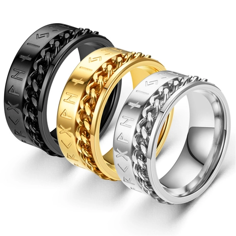 Viking Runic Rotatable Chain Ring Titanium Steel Stainless Steel Punk Band For Men Women Vintage Industrial Finger Jewelry Gift