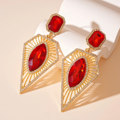 Retro Red Rhinestone Geometric Dangle Earrings With 925 Sterling Silver Earring Post Palace Luxury Alloy Jewelry Women