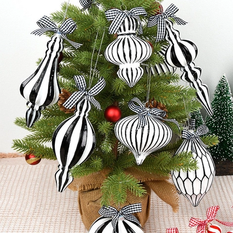 Christmas Tree Ornaments Hanging Glass Balls Painted Striped Geometric Shapes With Checkered Bow For Holiday Party