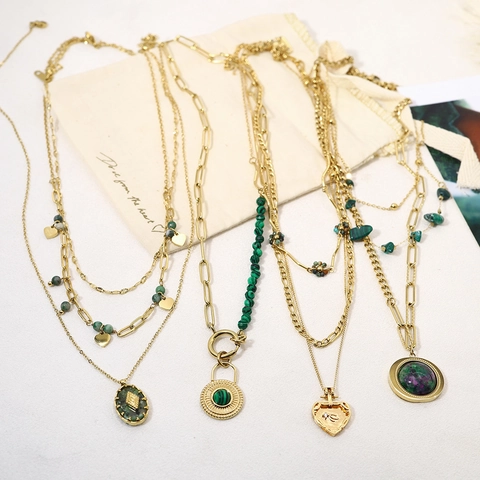 Collana A Doppio Strato In Acciaio Inossidabile Placcato Oro 18K Pendente A Cuore Malachite Gioielli Vintage Francesi Per Donne
