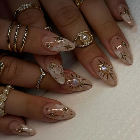 Faux Ongles Design Marbre Forme Amande Longue Avec Décor De Strass Étoilés Dorés Ongles Artificiels Élégants