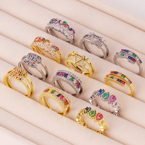 Bague Géométrique En Zircon Laiton Plaqué Or 18K Strass Colorés Design Ouvert Réglable Bijoux De Luxe Pour Femmes