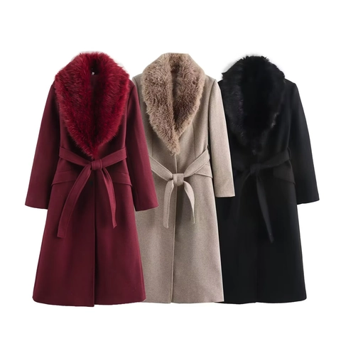 Women Long Woolen Coat With Faux Fur Collar Belted Elegant Slim Fit Trench Overcoat Winter Fashion