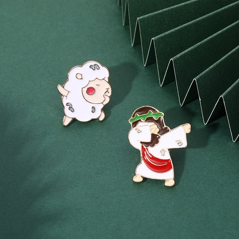 Funny Cartoon Dabbing Jesus And Lamb Alloy Enamel Brooch Pin Badge Trendy Clothing Accessory