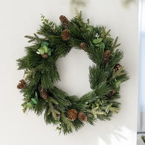 Artificial Christmas Pine Needle Wreath And Garland With Eucalyptus Leaves Natural Pine Cones For Front Door Mantle Decoration PE Simulation Greenery