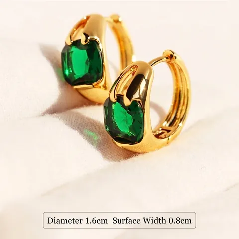 Retro Square Zircon Hoop Earrings Gold Plated Brass Geometric Emerald Green Amber Brown Elegant Jewelry For Women