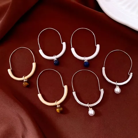 Retro Tiger Eye Stone Pendant Dangle Earrings For Women Copper Matte Geometric U Shape Hoop Jewelry Versatile With Steel Post