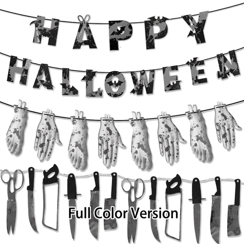 Papier Halloween Horror Banner Blutiges Skelett Kürbis Geist Fledermaus Spinne Girlande Für Party Innen Außen Dekoration