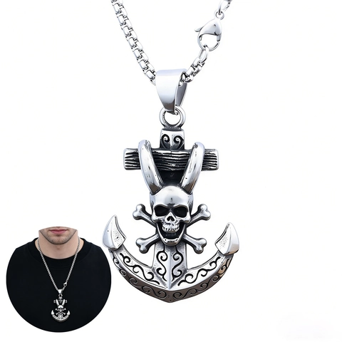 Collar Colgante De Ancla De Calavera Punk Gótico Acero Inoxidable Retro Color Plata Antigua Joyería Hip Hop