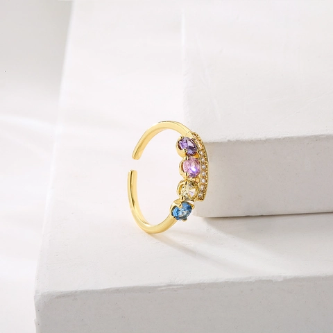 Geometric Rainbow Zircon Open Ring Copper Gold Plated Adjustable Fashion Jewelry For Women