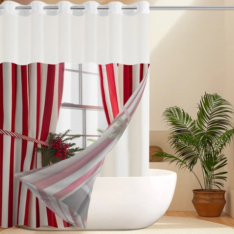 Hakenloser Duschvorhang Mit Abnehmbarem Wasserdichtem Innenfutter Polyester Waffelgewebe Weihnachten Streifen Wald Badezimmer Dekor