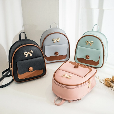 Mini Backpack For Women Girls PU Leather Small Fashion Multi-Functional Crossbody Bag With Gold Bow Color Block