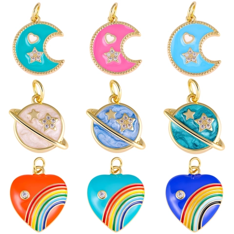 Emaille Koperen Bedeltjes Voor DIY Sieraden Maken Hart Maan Ster Planeet Schelp Zirkoon Verguld Sieraad Accessoire