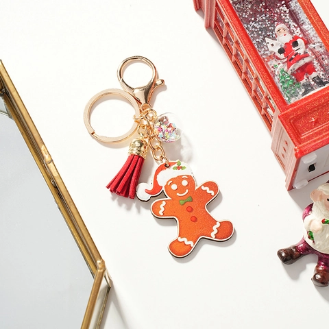 Simpatico Portachiavi Omino Di Pan Di Zenzero Natale Legno Lega Con Nappa Rossa Palla Paillettes Stella Regalo